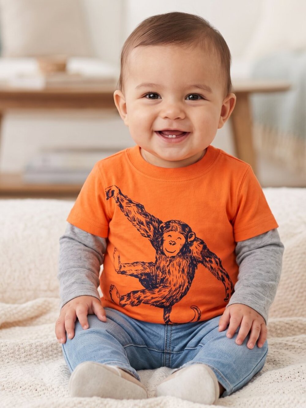 NWT Carter's Baby Boy Monkey Graphic Layered Long Sleeve Orange T-Shirt 6 Months